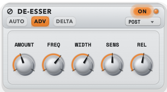 PublishMode De-Esser advanced drawer with amount, frequency, width, sensitivity and release controls