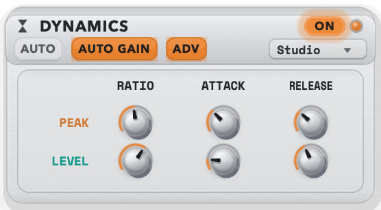 PublishMode Dynamics advanced drawer with peak and level ratio, attack and release controls