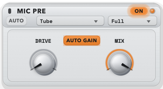 PublishMode Mic Pre section with type, focus, drive, mix and Auto Gain controls