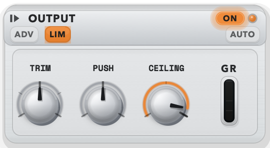 PublishMode Output section with trim, push, ceiling, gain reduction and match controls