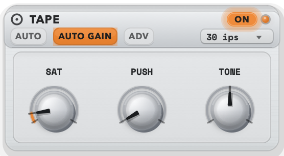 PublishMode Tape section with speed, saturation, tone, wow and flutter controls