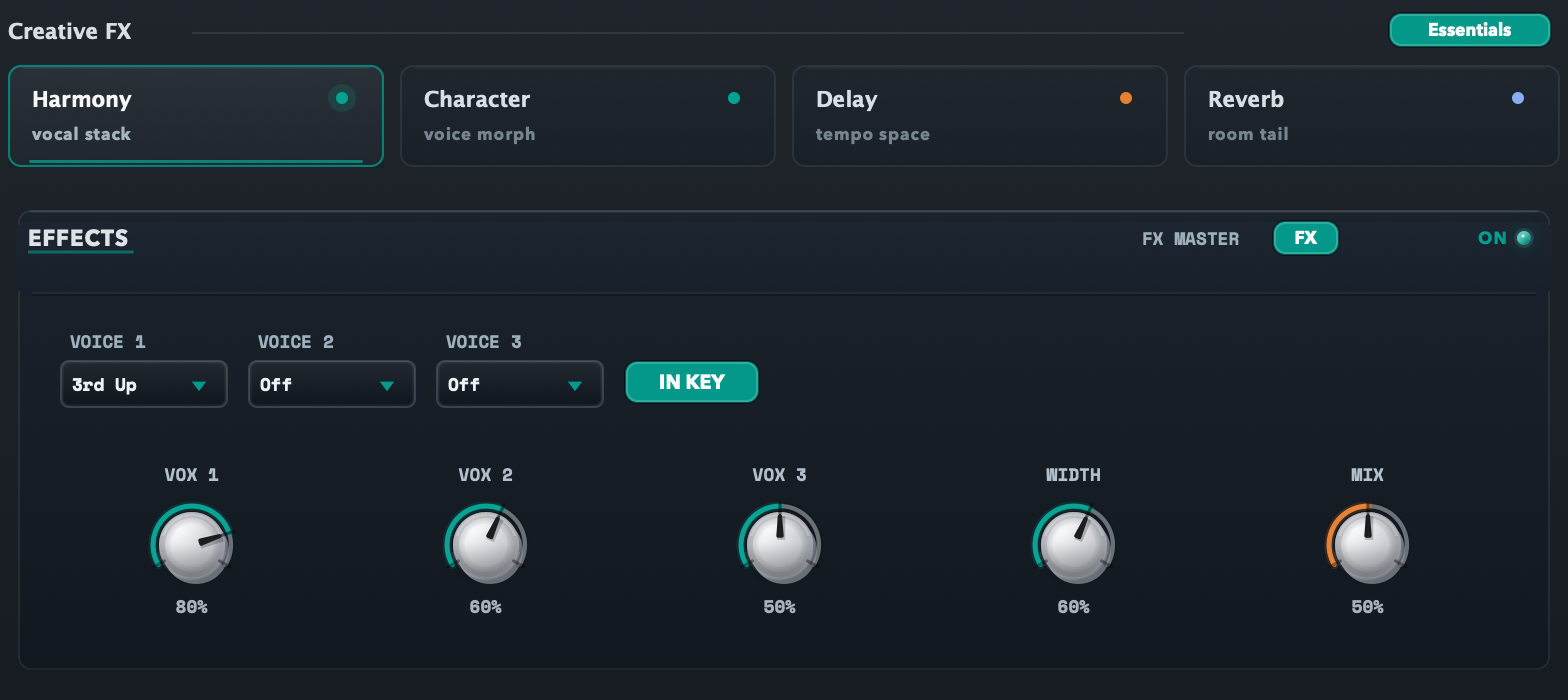 PublishMode Vocal Suite Creative FX Harmony panel with advanced controls visible