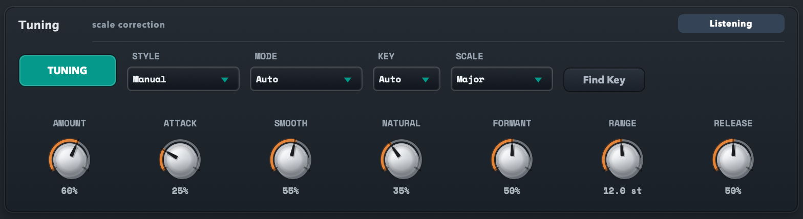 PublishMode Vocal Suite Tuning section with advanced human, range and release controls visible